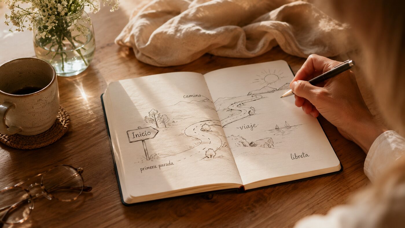 Libreta abierta con un mapa dibujado a mano: Inicio, primera parada, camino, viaje