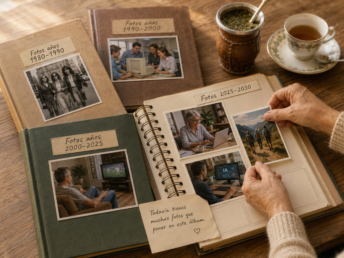 Álbumes de fotos de distintas décadas sobre una mesa