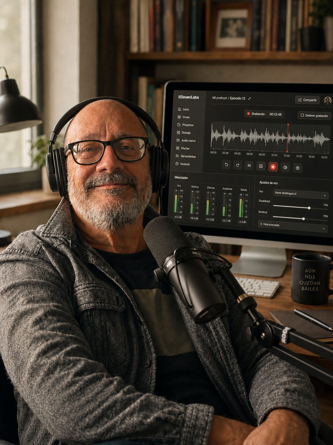 Hombre adulto grabando un podcast en un estudio casero