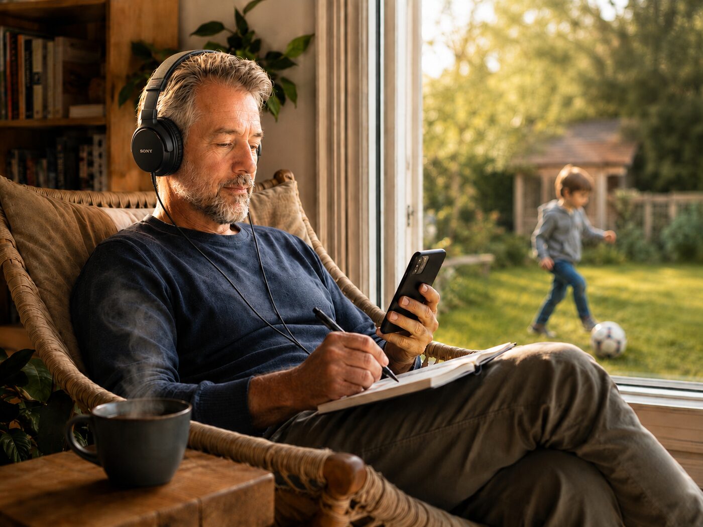 Hombre adulto escuchando audio con auriculares mientras escribe en una libreta, con una taza de café al lado