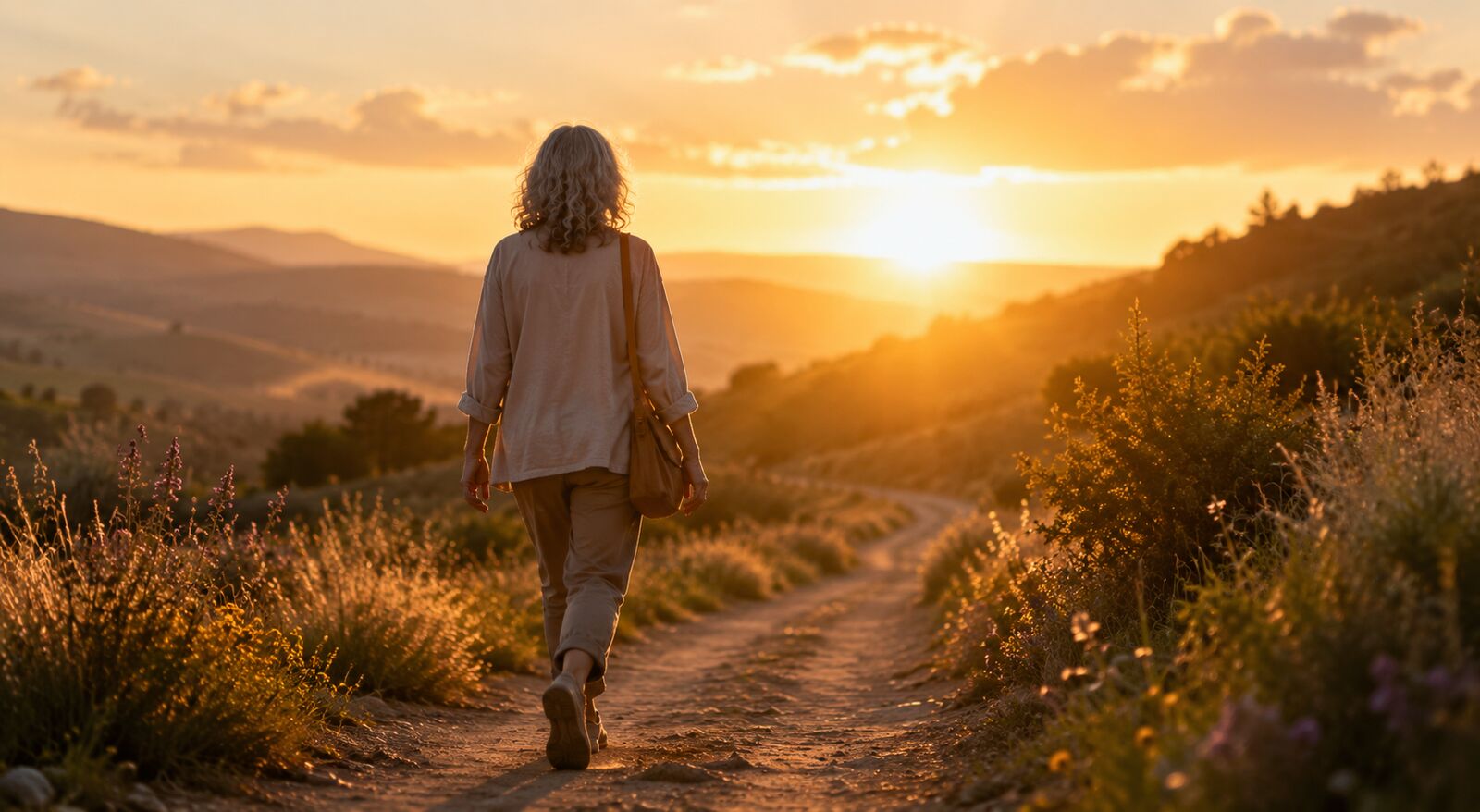 Mujer caminando por un sendero al atardecer, hacia el horizonte dorado