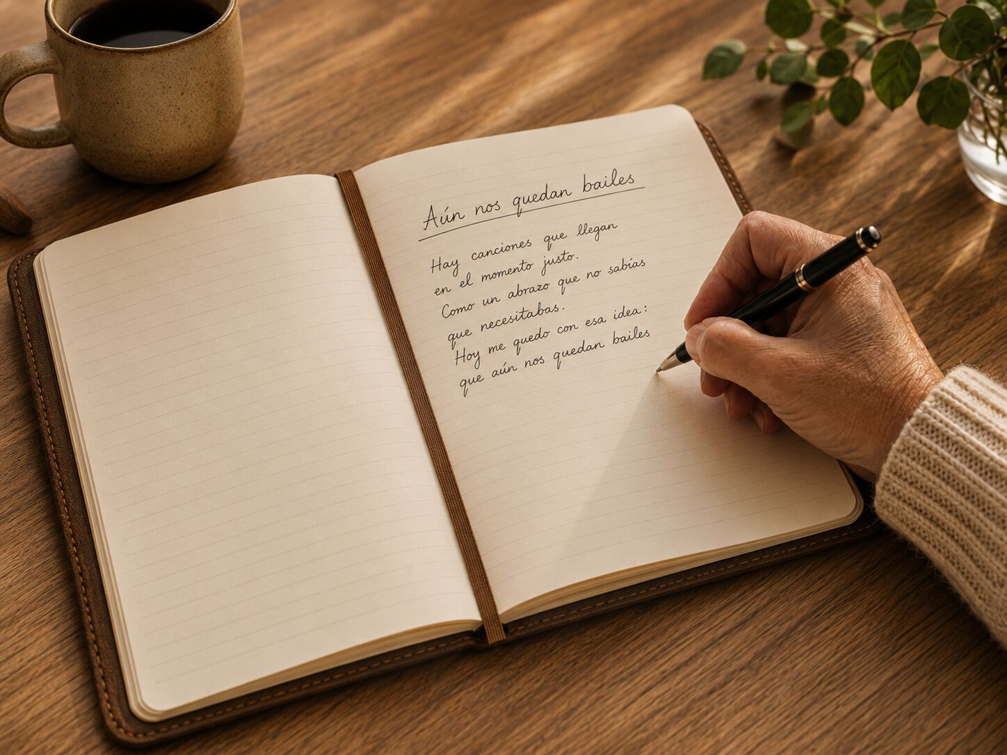 Manos escribiendo en una libreta abierta junto a una taza de café