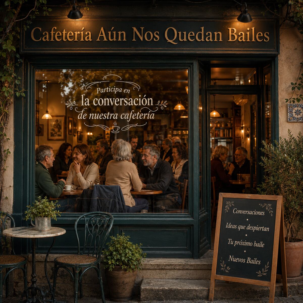 La Cafetería: fachada cálida con personas conversando dentro