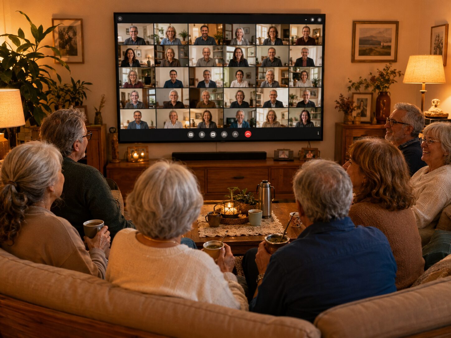 Reunión virtual ANQB: grupo viendo una videollamada en el salón